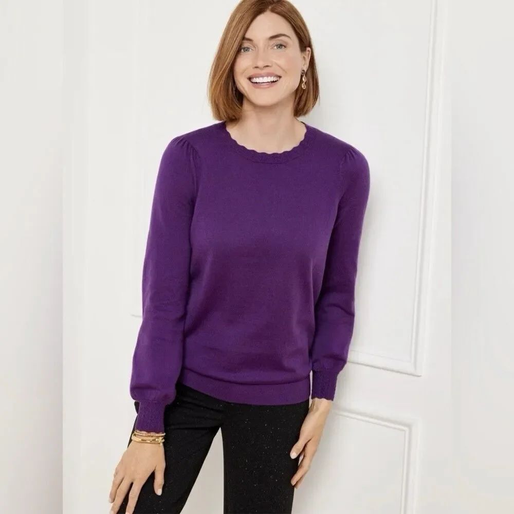 Talbots Women Long Sleeve Scallop Trim RICH AMETHYST Pullover Sweater NEW 2XP